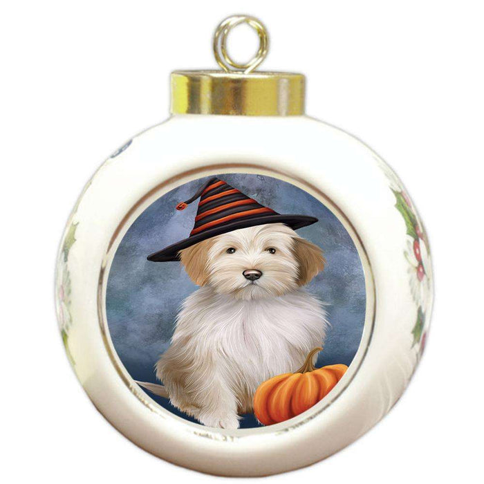 Happy Halloween Tibetan Terrier Dog Wearing Witch Hat with Pumpkin Round Ball Christmas Ornament RBPOR54875