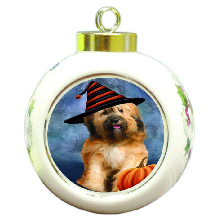Happy Halloween Tibetan Terrier Dog Wearing Witch Hat with Pumpkin Round Ball Christmas Ornament RBPOR54926