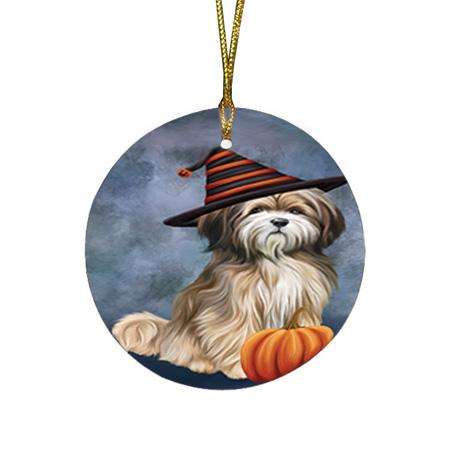 Happy Halloween Tibetan Terrier Dog Wearing Witch Hat with Pumpkin Round Flat Christmas Ornament RFPOR54865