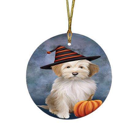 Happy Halloween Tibetan Terrier Dog Wearing Witch Hat with Pumpkin Round Flat Christmas Ornament RFPOR54866