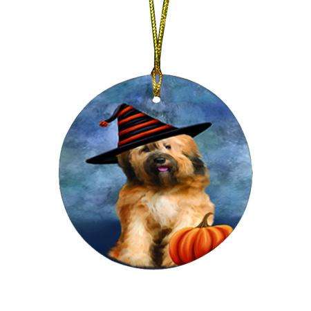 Happy Halloween Tibetan Terrier Dog Wearing Witch Hat with Pumpkin Round Flat Christmas Ornament RFPOR54917