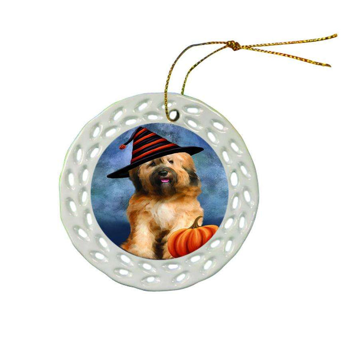 Happy Halloween Tibetan Terrier Dog Wearing Witch Hat with Pumpkin Star Porcelain Ornament SPOR54917