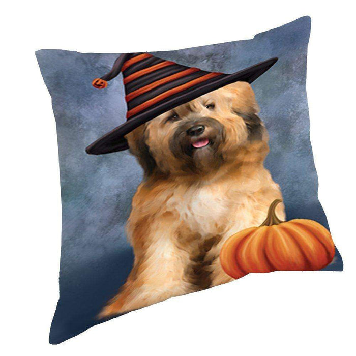 Happy Halloween Tibetan Terrier Dog Wearing Witch Hat with Pumpkin Throw Pillow D205