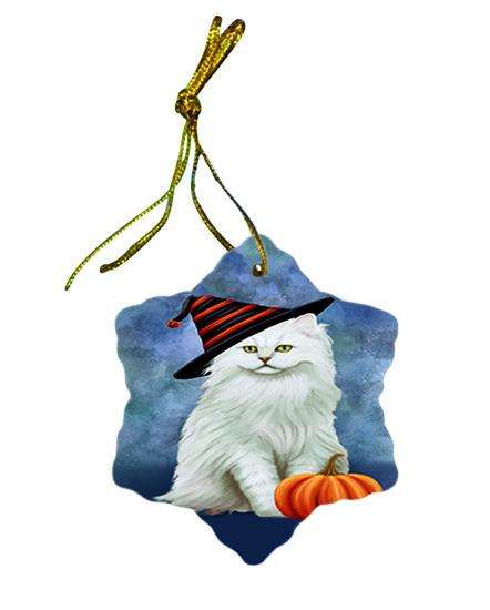 Happy Halloween Tiffany Cat Wearing Witch Hat with Pumpkin Ceramic Doily Ornament DPOR54928