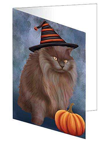 Happy Halloween Tiffany Cat Wearing Witch Hat with Pumpkin Handmade Artwork Assorted Pets Greeting Cards and Note Cards with Envelopes for All Occasions and Holiday Seasons D135