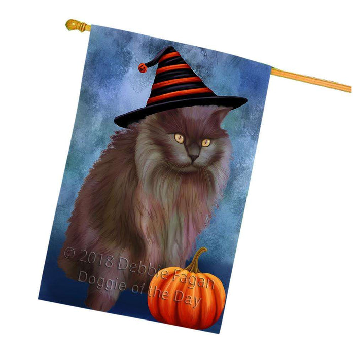 Happy Halloween Tiffany Cat Wearing Witch Hat with Pumpkin House Flag FLG55125