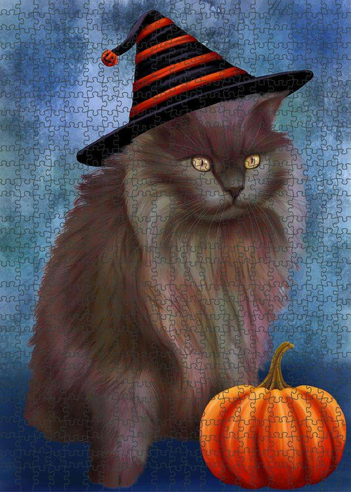 Happy Halloween Tiffany Cat Wearing Witch Hat with Pumpkin Puzzle with Photo Tin PUZL86864