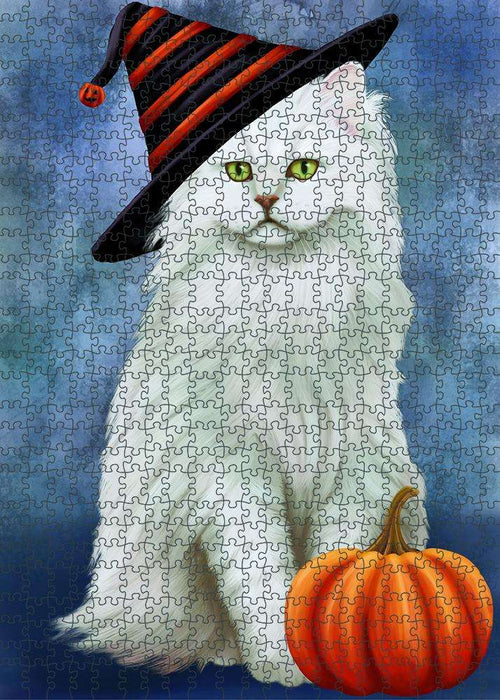 Happy Halloween Tiffany Cat Wearing Witch Hat with Pumpkin Puzzle with Photo Tin PUZL86868