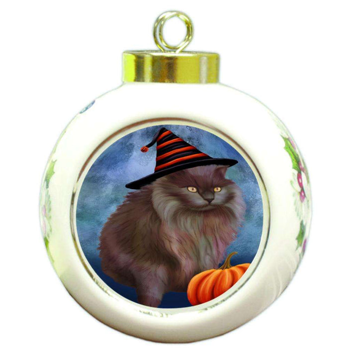 Happy Halloween Tiffany Cat Wearing Witch Hat with Pumpkin Round Ball Christmas Ornament RBPOR54927