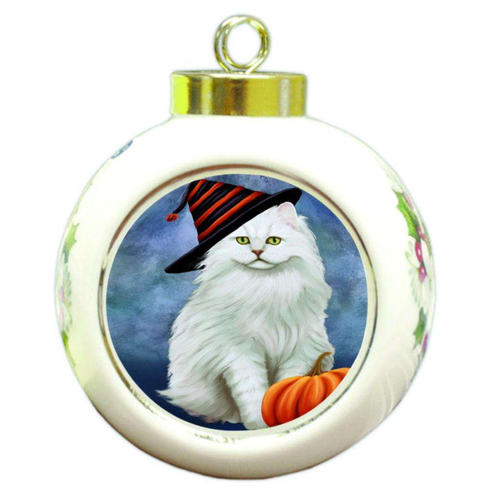 Happy Halloween Tiffany Cat Wearing Witch Hat with Pumpkin Round Ball Christmas Ornament RBPOR54928