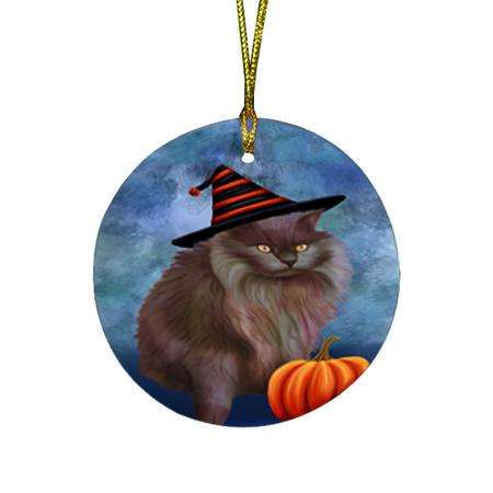 Happy Halloween Tiffany Cat Wearing Witch Hat with Pumpkin Round Flat Christmas Ornament RFPOR54918