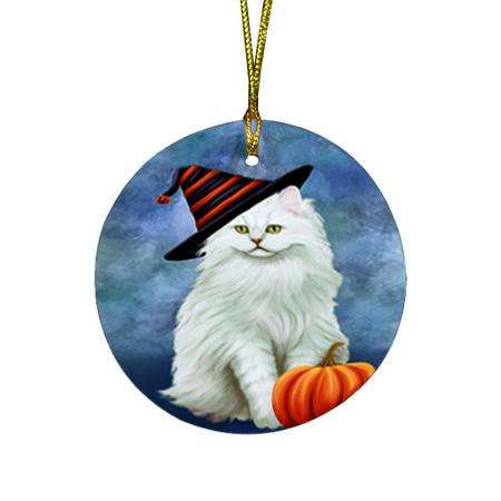 Happy Halloween Tiffany Cat Wearing Witch Hat with Pumpkin Round Flat Christmas Ornament RFPOR54919