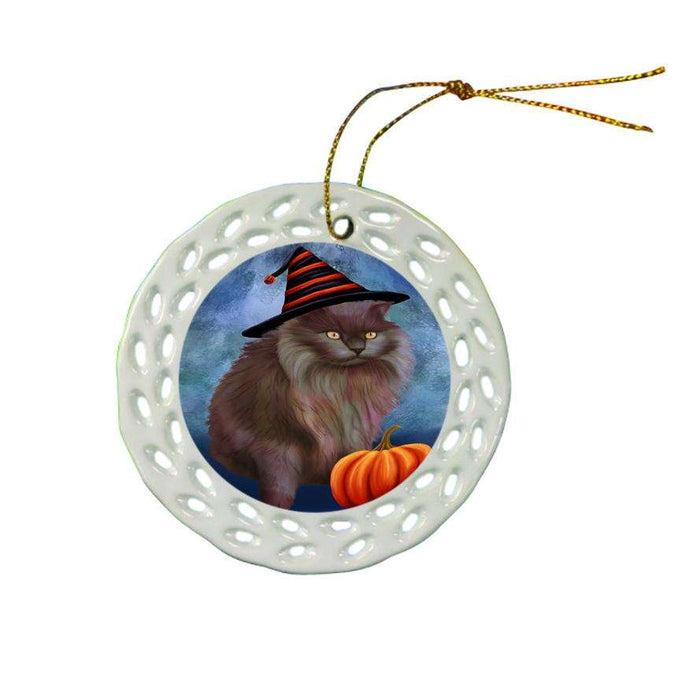 Happy Halloween Tiffany Cat Wearing Witch Hat with Pumpkin Star Porcelain Ornament SPOR54918