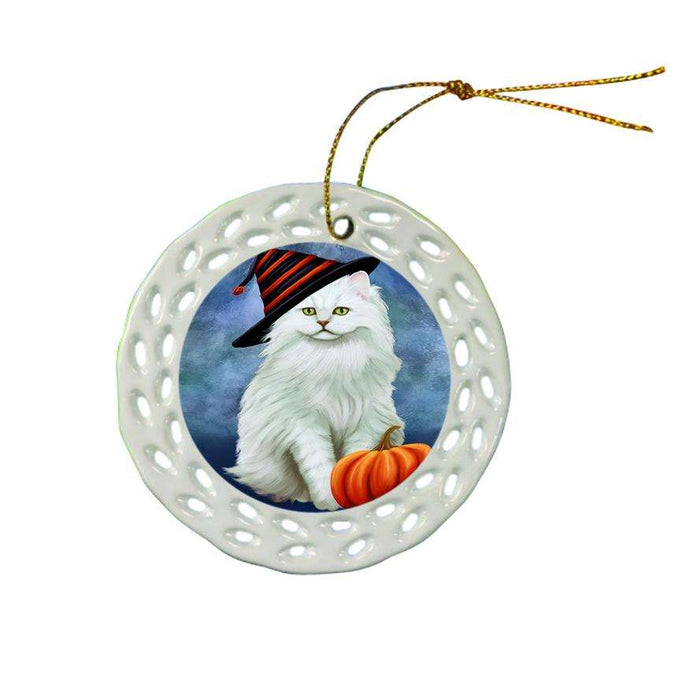 Happy Halloween Tiffany Cat Wearing Witch Hat with Pumpkin Star Porcelain Ornament SPOR54919