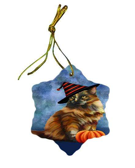 Happy Halloween Tortoiseshell Cat Wearing Witch Hat with Pumpkin Ceramic Doily Ornament DPOR54929