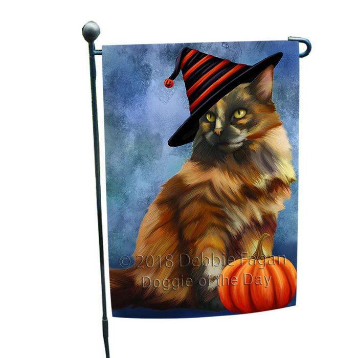 Happy Halloween Tortoiseshell Cat Wearing Witch Hat with Pumpkin Garden Flag GFLG54991