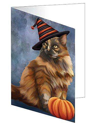 Happy Halloween Tortoiseshell Cat Wearing Witch Hat with Pumpkin Handmade Artwork Assorted Pets Greeting Cards and Note Cards with Envelopes for All Occasions and Holiday Seasons D139