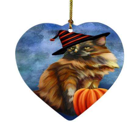 Happy Halloween Tortoiseshell Cat Wearing Witch Hat with Pumpkin Heart Christmas Ornament HPOR54929
