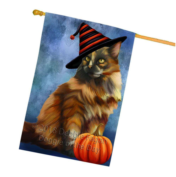 Happy Halloween Tortoiseshell Cat Wearing Witch Hat with Pumpkin House Flag FLG55127
