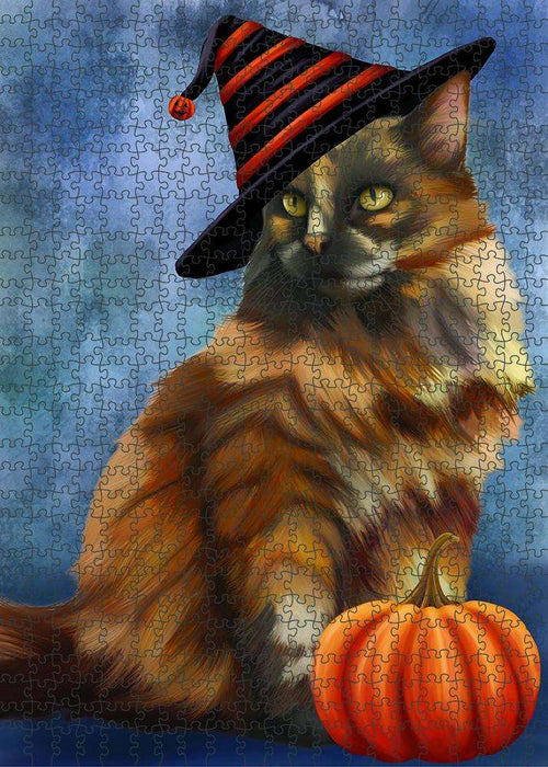 Happy Halloween Tortoiseshell Cat Wearing Witch Hat with Pumpkin Puzzle with Photo Tin PUZL86872