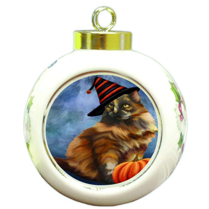 Happy Halloween Tortoiseshell Cat Wearing Witch Hat with Pumpkin Round Ball Christmas Ornament RBPOR54929