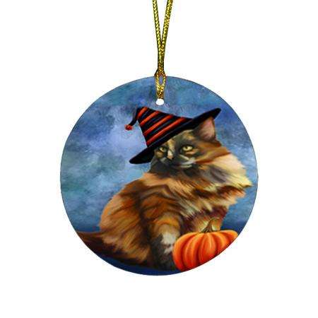 Happy Halloween Tortoiseshell Cat Wearing Witch Hat with Pumpkin Round Flat Christmas Ornament RFPOR54920