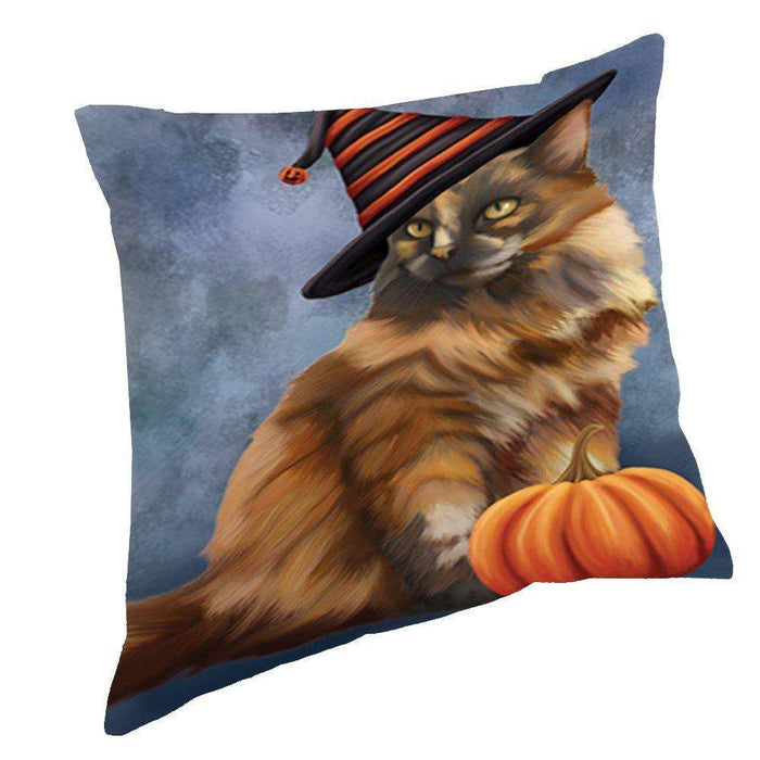 Happy Halloween Tortoiseshell Cat Wearing Witch Hat with Pumpkin Throw Pillow D211