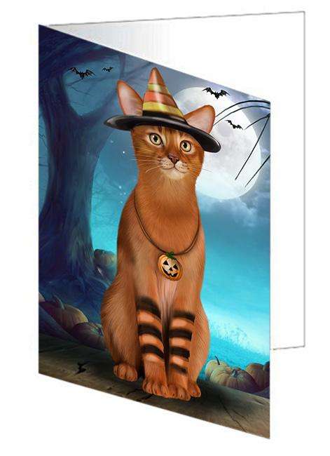 Happy Halloween Trick or Treat Abyssinian Cat Candy Corn Handmade Artwork Assorted Pets Greeting Cards and Note Cards with Envelopes for All Occasions and Holiday Seasons GCD61520