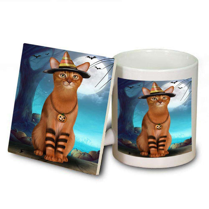 Happy Halloween Trick or Treat Abyssinian Cat Candy Corn Mug and Coaster Set MUC52489