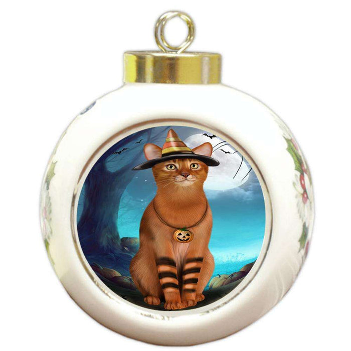 Happy Halloween Trick or Treat Abyssinian Cat Candy Corn Round Ball Christmas Ornament RBPOR52497