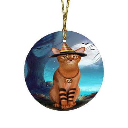 Happy Halloween Trick or Treat Abyssinian Cat Candy Corn Round Flat Christmas Ornament RFPOR52488