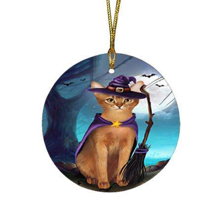 Happy Halloween Trick or Treat Abyssinian Cat Witch Round Flat Christmas Ornament RFPOR52545
