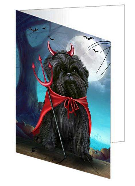 Happy Halloween Trick or Treat Affenpinscher Dog Devil Handmade Artwork Assorted Pets Greeting Cards and Note Cards with Envelopes for All Occasions and Holiday Seasons GCD61580