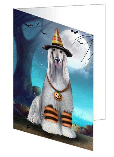 Happy Halloween Trick or Treat Afghan Hound Dog Candy Corn Handmade Artwork Assorted Pets Greeting Cards and Note Cards with Envelopes for All Occasions and Holiday Seasons GCD61526