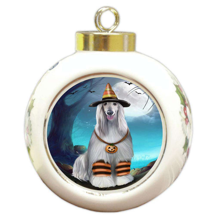 Happy Halloween Trick or Treat Afghan Hound Dog Candy Corn Round Ball Christmas Ornament RBPOR52499