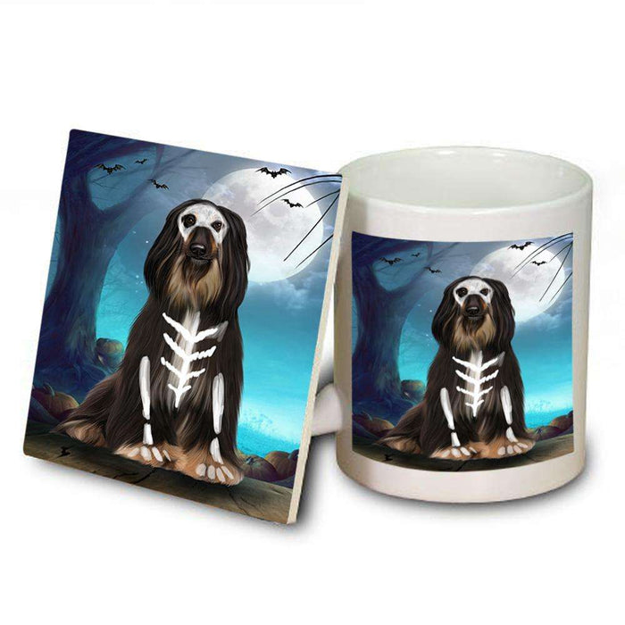 Happy Halloween Trick or Treat Afghan Hound Dog Skeleton Mug and Coaster Set MUC52529