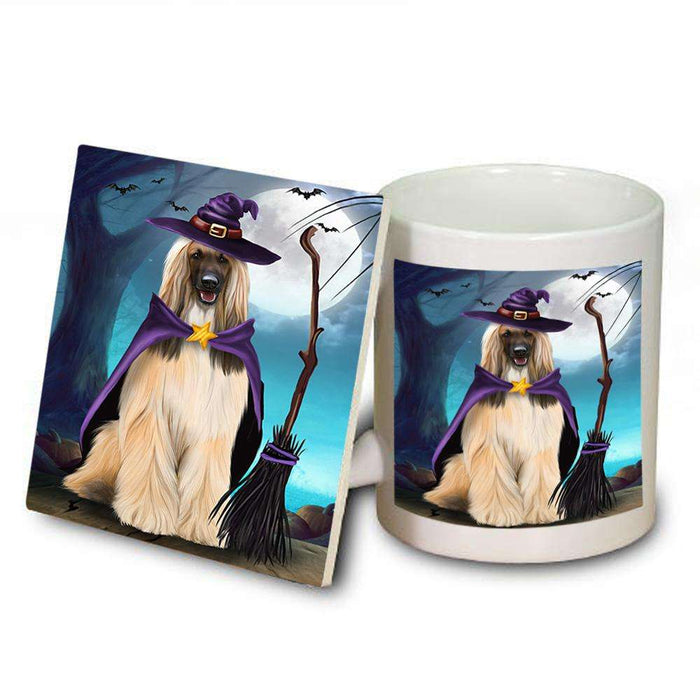 Happy Halloween Trick or Treat Afghan Hound Dog Witch Mug and Coaster Set MUC52548