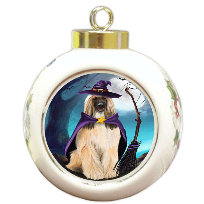 Happy Halloween Trick or Treat Afghan Hound Dog Witch Round Ball Christmas Ornament RBPOR52556