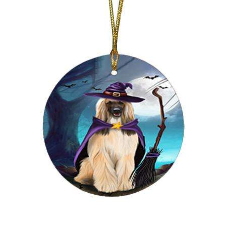 Happy Halloween Trick or Treat Afghan Hound Dog Witch Round Flat Christmas Ornament RFPOR52547