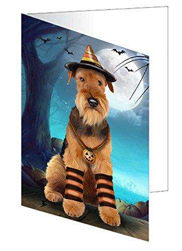 Happy Halloween Trick or Treat Airedale Dog Candy Corn Handmade Artwork Assorted Pets Greeting Cards and Note Cards with Envelopes for All Occasions and Holiday Seasons D192