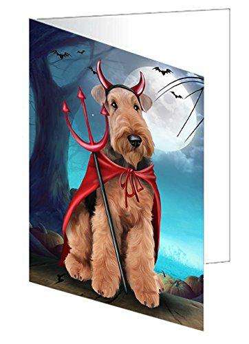 Happy Halloween Trick or Treat Airedale Dog Devil Handmade Artwork Assorted Pets Greeting Cards and Note Cards with Envelopes for All Occasions and Holiday Seasons D193