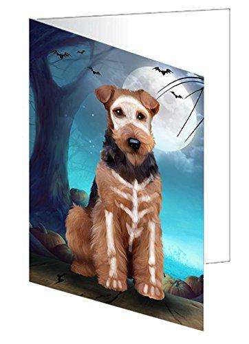 Happy Halloween Trick or Treat Airedale Dog Skeleton Handmade Artwork Assorted Pets Greeting Cards and Note Cards with Envelopes for All Occasions and Holiday Seasons D194
