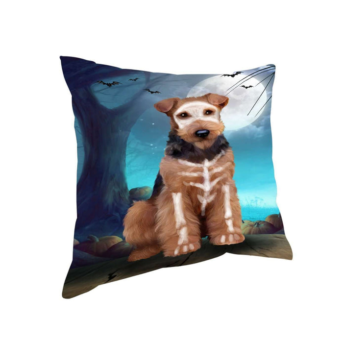 Happy Halloween Trick or Treat Airedale Dog Skeleton Throw Pillow