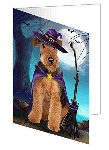 Happy Halloween Trick or Treat Airedale Dog Witch Handmade Artwork Assorted Pets Greeting Cards and Note Cards with Envelopes for All Occasions and Holiday Seasons D195