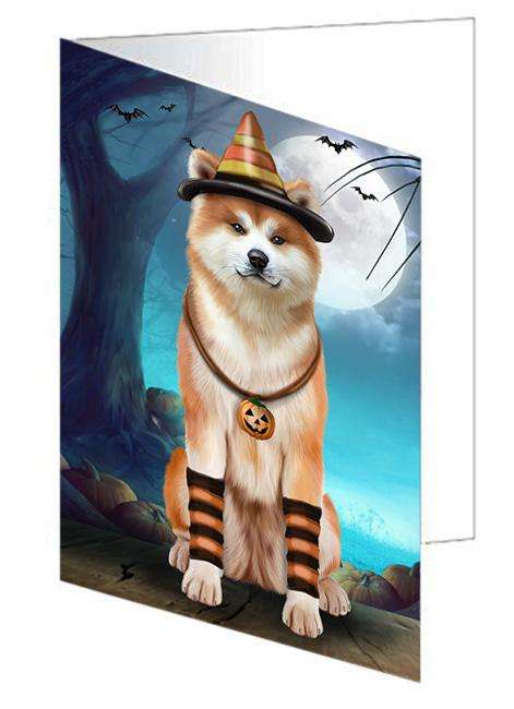 Happy Halloween Trick or Treat Akita Dog Candy Corn Handmade Artwork Assorted Pets Greeting Cards and Note Cards with Envelopes for All Occasions and Holiday Seasons GCD61529