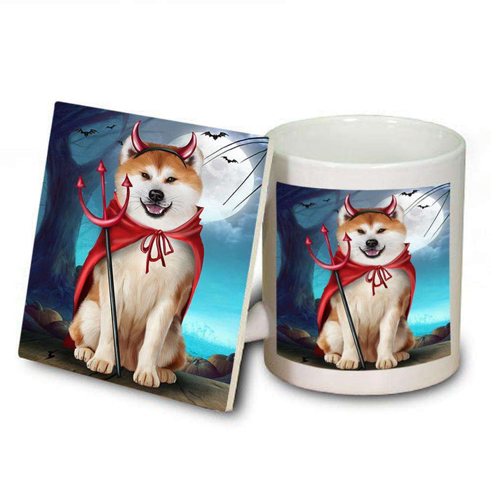 Happy Halloween Trick or Treat Akita Dog Devil Mug and Coaster Set MUC52511