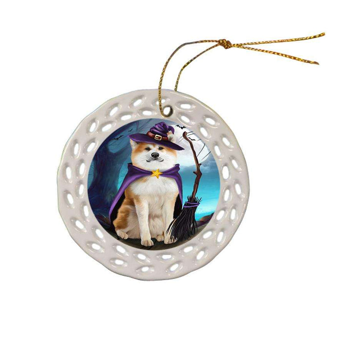 Happy Halloween Trick or Treat Akita Dog Witch Ceramic Doily Ornament DPOR52557