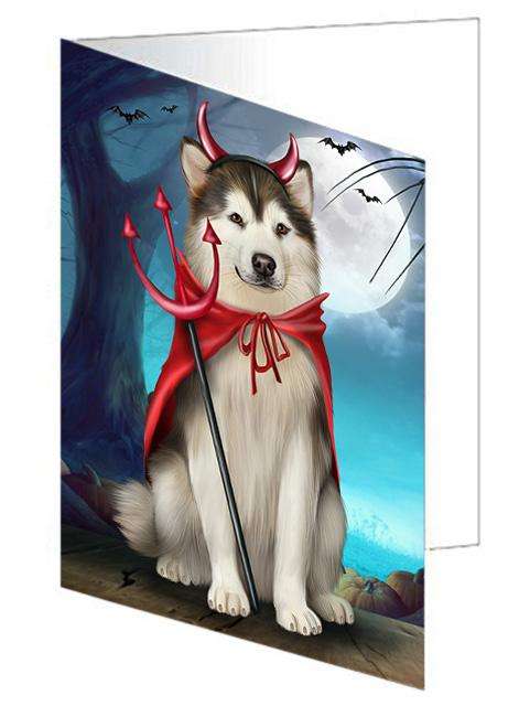Happy Halloween Trick or Treat Alaskan Malamute Dog Handmade Artwork Assorted Pets Greeting Cards and Note Cards with Envelopes for All Occasions and Holiday Seasons GCD67889