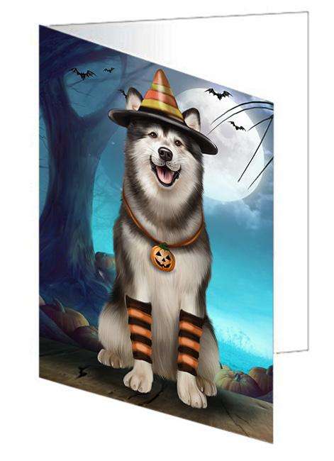 Happy Halloween Trick or Treat Alaskan Malamute Dog Handmade Artwork Assorted Pets Greeting Cards and Note Cards with Envelopes for All Occasions and Holiday Seasons GCD67892