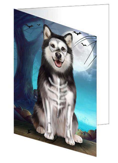 Happy Halloween Trick or Treat Alaskan Malamute Dog Handmade Artwork Assorted Pets Greeting Cards and Note Cards with Envelopes for All Occasions and Holiday Seasons GCD67895